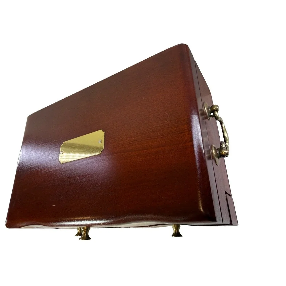 Reed & Barton Eureka Wood Jewelry Box Chest W/Drawer Burgundy Velvet Interior
